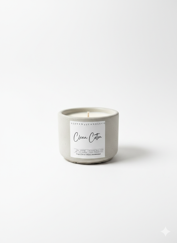 Clean Cotton – Fresh Linen Soy Candle in Handcrafted Concrete Vessel